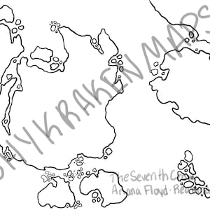 May include: A black and white line drawing of a map with islands and a large body of water. The map is labeled "Sky Kraken Maps" and "The Seventh Crow".