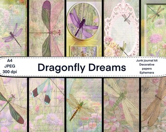 Dragonfly dreams digital junk journal kit download, digital papers, jpeg, A4, dragonfly papers, tags, journal cards, library cards