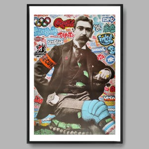 May include: A vintage-style portrait of a man wearing a suit and a blue knee brace. The background is covered in colourful graffiti with brand names like Coca-Cola, Toyota, and Intel.