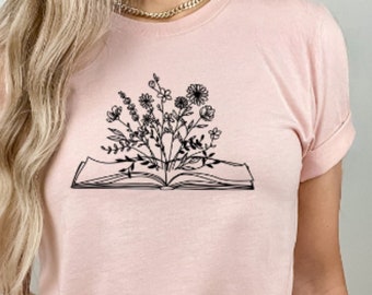 Bookish shirt, boekenclubt-shirt, boekenliefhebber merchandise, cadeau voor boekenwurm, leesmerchandise, boekontwerp met bloemen, uniseks jersey T-shirt met korte mouw