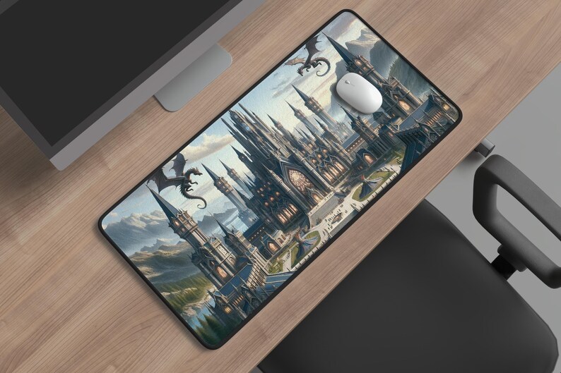May include: A black and gray mousepad with a fantasy illustration of a large, gothic cathedral with dragons flying overhead. The cathedral is surrounded by trees and a river.