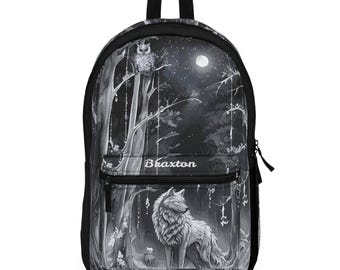 Mystical Forest Wolf Backpack: Durable Polyester School Bag
