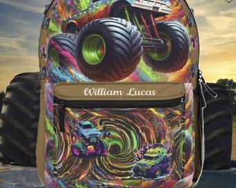 Monster Truck Backpack — Personalized  Name Kids School Bag with Neon Swirl Design