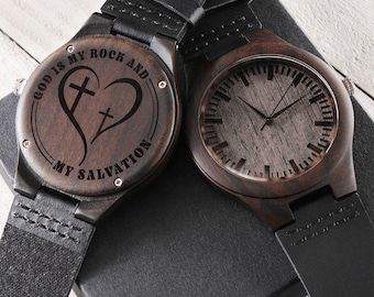 God is My Rock and My Salvation Faith Based Engraved Wooden Watch