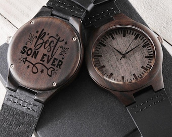 Engraved Sandalwood Watch for the Best Son Ever – Black Leather Strap