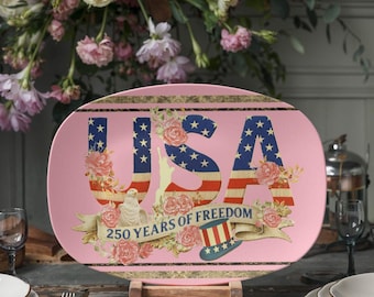Pink USA 250 Years of Freedom Floral 10" x 14" Oval Serving Platter