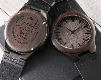 Create in Me a Clean Heart Faith Based Engraved Wooden Watch