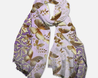 Golden Butterflies on Lavender Pashmina Scarf