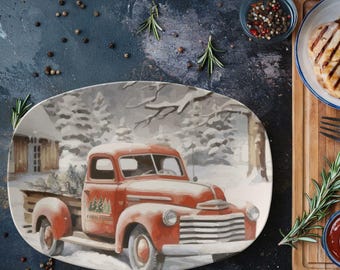 Farm Fresh Christmas Tree Vintage Truck Oval Serving Platter