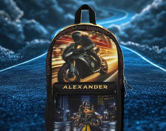 Speeding Motorcycle Rider Backpack | Custom Name Travel Bag