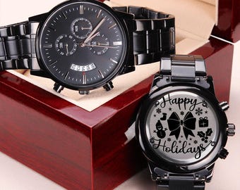 Happy Holidays Merry Christmas Engraved Black Chronograph Watch