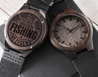 The Rod The Hook The Legend Fishing Engraved Wooden Watch