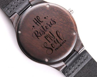 He Restores My Soul Faith Based Engraved Wooden Watch