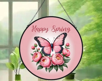 Happy Spring Pink Butterfly Glass Suncatcher