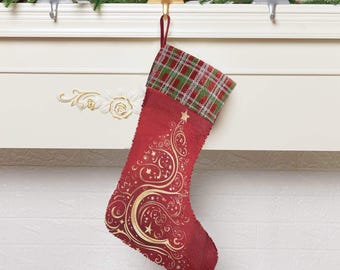 Gold Christmas Tree on Red Sequin Christmas Stocking (Made in USA)