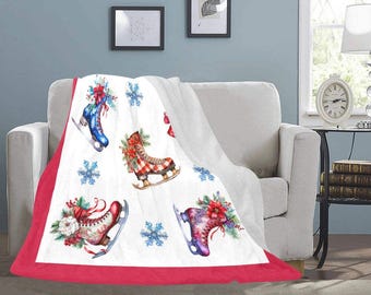 Christmas Ice Skates Faux Red Border Ultra-Soft Micro Fleece Blanket (Made in USA)