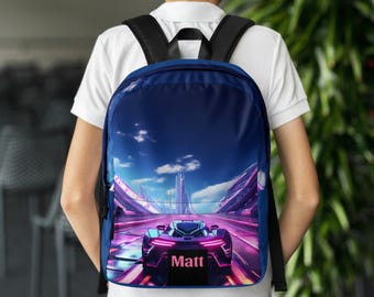 Neon Futuristic Race Car Backpack with Custom Name