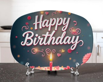 Happy Birthday Cake & Candle 10" x 14" Oval Serving Platter