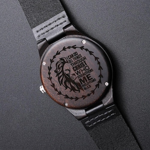 I Can Do All Things Through Christ Lion Faith Based Engraved Wooden Watch image 3