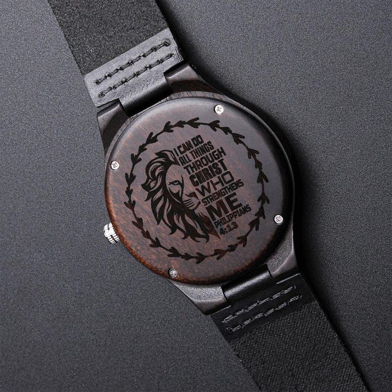 I Can Do All Things Through Christ Lion Faith Based Engraved Wooden Watch image 3