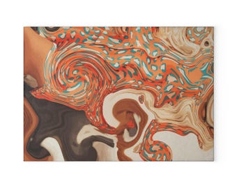 Tagliere in vetro con motivo marmo astratto / Motivo marmo arancione, marrone e verde acqua