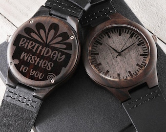 Birthday Wishes to You Engraved Wooden Watch with Leather Strap