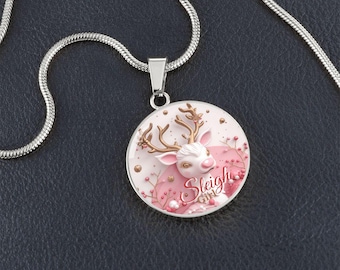 Christmas Pink Sleigh Girl Reindeer Graphic Round Necklace