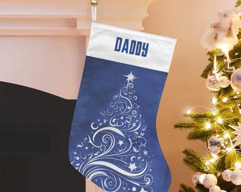 Personalizable Silver Swirls Christmas Tree on Blue Stocking (Made in USA)