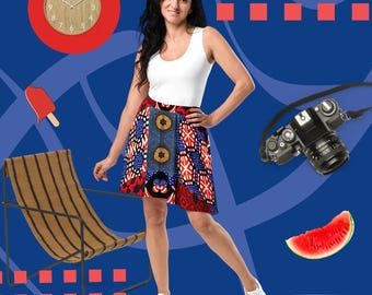 Women's USA Red White and Blue Block Pattern Skater Skirt