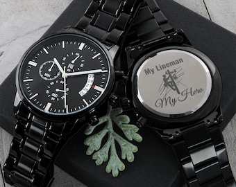 My Lineman My Hero Engraved Design Black Chronograph Watch