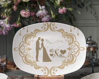 Bride and Groom Mr. & Mrs. Golden Trim 10”x14” Oval Serving Platter