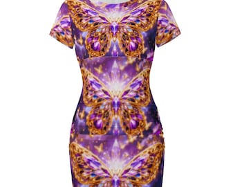 Crystal Purple Butterfly Body Con Shirt Sleeves Short Dress