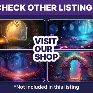 Puede incluir: Cuatro fondos digitales de tem&aacute;tica fant&aacute;stica con una ventana brillante, un sendero en el bosque, un r&iacute;o con flores brillantes y un arco de piedra con flores brillantes. El texto "VISIT OUR SHOP" est&aacute; en un c&iacute;rculo blanco con un contorno negro.