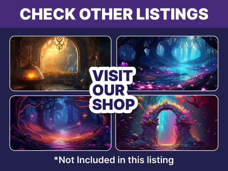 Puede incluir: Cuatro fondos digitales de tem&aacute;tica fant&aacute;stica con una ventana brillante, un sendero en el bosque, un r&iacute;o con flores brillantes y un arco de piedra con flores brillantes. El texto "VISIT OUR SHOP" est&aacute; en un c&iacute;rculo blanco con un contorno negro.