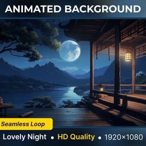 Könnte beinhalten: Animierter Hintergrund mit einer Nachtszene mit Vollmond, Bergen, einem See und einem Holzbau mit Veranda. Die Szene wird von Laternen und dem Mond beleuchtet. Der Text "Seamless Loop" ist in der linken unteren Ecke sichtbar. Der Text "Lovely Night - HD Quality - 1920x1080" ist in der rechten unteren Ecke sichtbar.