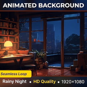 Puede incluir: Fondo animado que presenta una escena de noche lluviosa con una vista de un horizonte urbano desde una ventana. La habitación está tenuemente iluminada con una lámpara sobre una mesa y un sofá en primer plano. El texto "Seamless Loop, Rainy Night, HD Quality, 1920x1080" se muestra en la parte inferior de la imagen.
