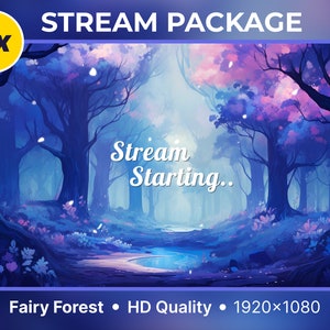 Puede incluir: Una ilustración digital de un bosque de hadas mágico con un esquema de color azul y morado. El texto "Stream Starting..." está en el centro de la imagen. La imagen está etiquetada como "Fairy Forest • HD Quality • 1920×1080".