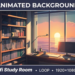 Könnte beinhalten: Animierter Hintergrund mit einem Arbeitszimmer, das ein Bücherregal, einen Schreibtisch, einen Computer und ein Fenster mit Blick auf einen Sonnenuntergang über dem Meer zeigt. Der Text "Lofi Study Room: LOOP 1920x1080" befindet sich am unteren Rand des Bildes.