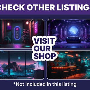 Puede incluir: Un collage de cuatro im&aacute;genes que muestran escenas iluminadas con luces de ne&oacute;n. La imagen superior izquierda muestra un letrero de ne&oacute;n abierto en un callej&oacute;n oscuro. La imagen superior derecha muestra el interior de una nave espacial futurista con un sof&aacute;. La imagen inferior izquierda muestra un paisaje des&eacute;rtico con una luna brillante. La imagen inferior derecha muestra un bar con luces de ne&oacute;n y una barra. El texto "VISIT OUR SHOP" est&aacute; superpuesto en las im&aacute;genes.