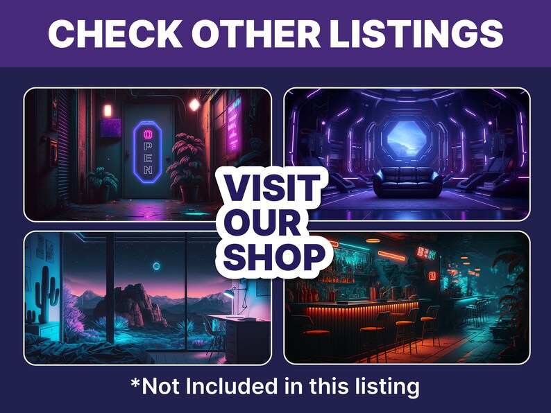 Puede incluir: Un collage de cuatro im&aacute;genes que muestran escenas iluminadas con luces de ne&oacute;n. La imagen superior izquierda muestra un letrero de ne&oacute;n abierto en un callej&oacute;n oscuro. La imagen superior derecha muestra el interior de una nave espacial futurista con un sof&aacute;. La imagen inferior izquierda muestra un paisaje des&eacute;rtico con una luna brillante. La imagen inferior derecha muestra un bar con luces de ne&oacute;n y una barra. El texto "VISIT OUR SHOP" est&aacute; superpuesto en las im&aacute;genes.