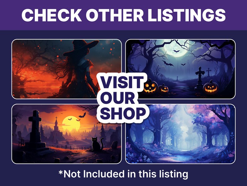 Puede incluir: Cuatro ilustraciones digitales de escenas de Halloween espeluznantes. La primera escena presenta una bruja de pie en un bosque oscuro con un cielo rojo. La segunda escena presenta un cementerio con luna llena y dos calabazas talladas. La tercera escena presenta un cementerio con una puesta de sol y un gato negro. La cuarta escena presenta un bosque con un cielo azul y un arroyo. El texto "VISIT OUR SHOP" est&aacute; en el centro de la imagen.