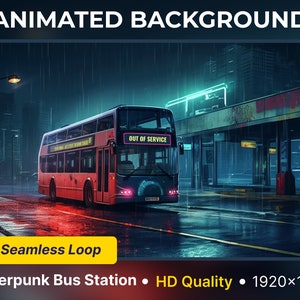Könnte beinhalten: Animierter Hintergrund mit einem roten Doppeldeckerbus mit dem Text "AUSSER BETRIEB" auf der Vorderseite, der durch eine Cyberpunk-Stadtstraße mit einer Tankstelle im Hintergrund fährt. Die Szene spielt nachts bei Regen und Neonlicht, das die Straße erhellt.