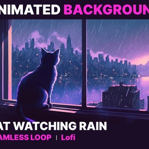 ANIMATED VIRTUAL BACKGROUND Cozy Cat watching rain Cozy Ambience Style Looped Vtuber Background Instant Digital Download Animated Background