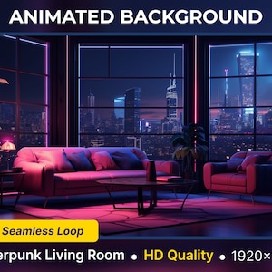 Peut inclure: Un fond d'écran animé de style cyberpunk représentant un salon avec un canapé rose, deux fauteuils, une table basse et une grande fenêtre donnant sur une ville futuriste nocturne. La pièce est éclairée par des lumières néon roses et bleues. Boucle sans fin. Qualité HD. 1920x1080.