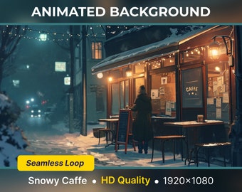 Può includere: Immagine di sfondo animata di una scena di caffè innevato di notte. Il caffè ha un'insegna con la scritta "CAFFE" ed è illuminato da luci calde. L'immagine include anche il testo "Seamless Loop", "Snowy Caffe" e "HD Quality 1920x1080".