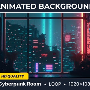Cyberpunk Bedroom Cat Night Sky Animated Background Video 