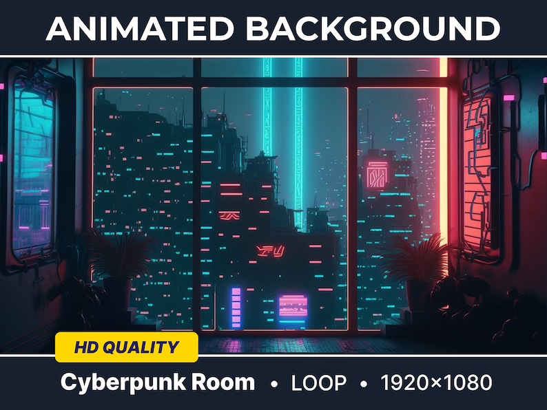 Pode incluir: Um fundo animado de estilo cyberpunk que mostra uma sala com uma grande janela com vista para um horizonte urbano futurista. A cidade &eacute; iluminada com luzes de n&eacute;on em tons de rosa e azul. O texto "Cyberpunk Room - LOOP - 1920x1080" &eacute; exibido na parte inferior da imagem.