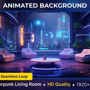 May include: A cyberpunk-themed living room with a view of a futuristic city at night. The room features two white sofas, a coffee table, and a large window. The city is illuminated with neon lights and has flying cars. The image is animated and loops seamlessly.