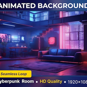 Könnte beinhalten: Ein animierter Hintergrund im Cyberpunk-Stil mit einem Wohnzimmer mit einem Sofa, einem Tisch und einem Fenster mit Blick auf eine Skyline. Der Raum ist mit pinken und blauen Neonlichtern beleuchtet. Der Text "Seamless Loop" wird in einem gelben Kasten am unteren Rand des Bildes angezeigt. Der Text "Cyberpunk Room - HD Quality - 1920x1080" wird am unteren Rand des Bildes angezeigt.