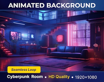 Pode incluir: Um fundo animado de estilo cyberpunk que apresenta uma sala de estar com um sofá, uma mesa e uma janela com vista para a cidade. A sala é iluminada com luzes de néon rosa e azul. O texto "Seamless Loop" é exibido em uma caixa amarela na parte inferior da imagem. O texto "Cyberpunk Room - HD Quality - 1920x1080" é exibido na parte inferior da imagem.